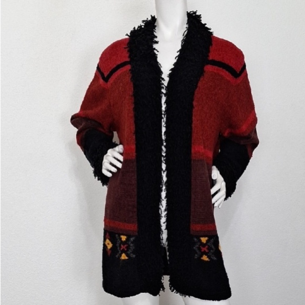 N8tive Bits By Sandi and Jo Red Black Southwestern Open Front Cardigan Size L - Picture 2 of 13